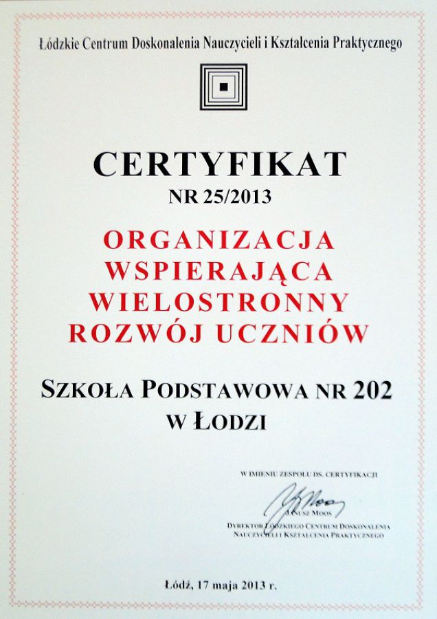 Certyfikat Organizacja wspierająca wielostronny rozwój uczniów